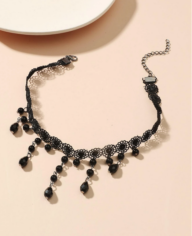 Beaded Drop Down Lace Choker