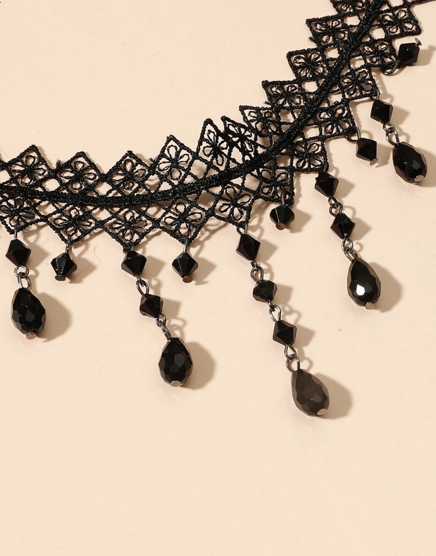 Black Lace Wide Band Drop Choker Necklace