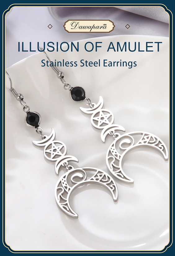 Wicca Triple Moon Pentagram Celtic Crescent Drop Earrings