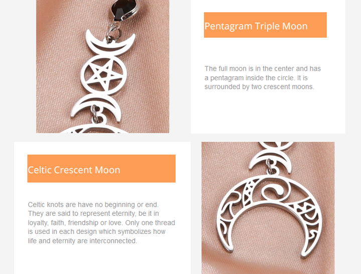 Wicca Triple Moon Pentagram Celtic Crescent Drop Earrings