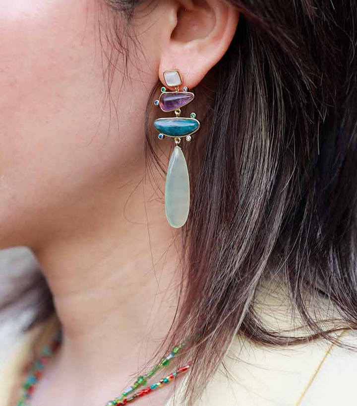 Premium Amethyst, Jade, Apatite Chandelier Stud Earring