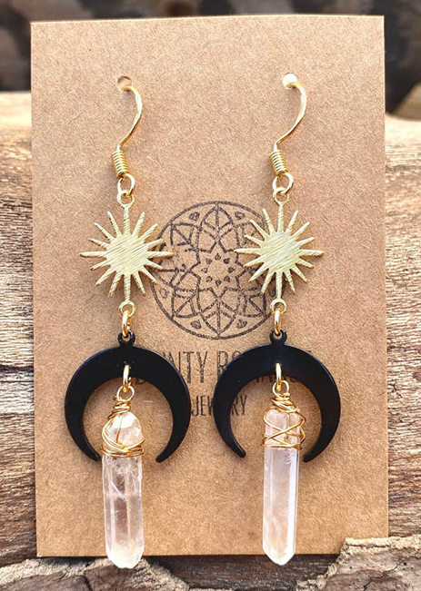 Sun and Moon Natural Clear Quartz Aura Crystal Earrings