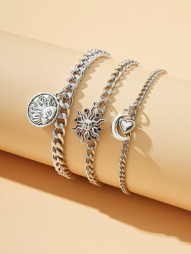 Wicca Heart, Moon & Sun Anklet 3pcs