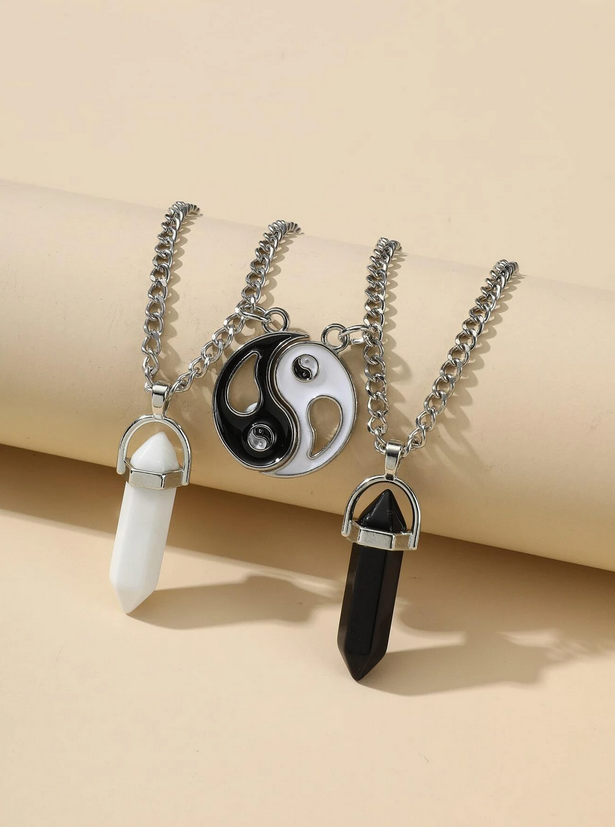 Yin & Yang Natural Stone Charm Necklace Set of two