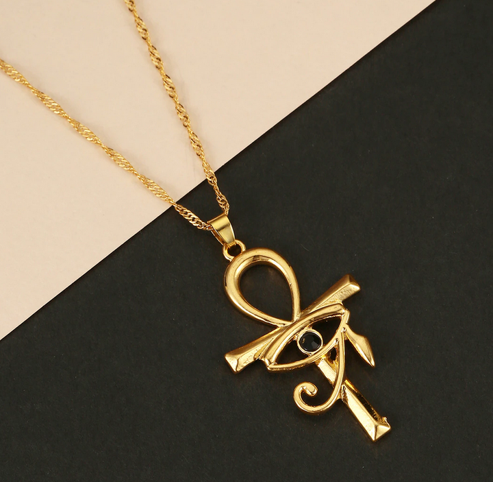 Ancient Egypt Horus Eye Ankh 18K Gold Plated Rhinestone Necklace (3 Colors)