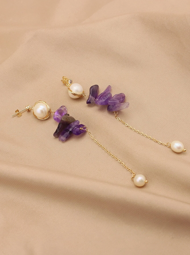 Cultured Pearl & Amethyst Drop Earrings