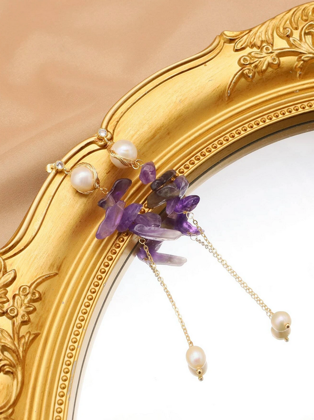 Cultured Pearl & Amethyst Drop Earrings