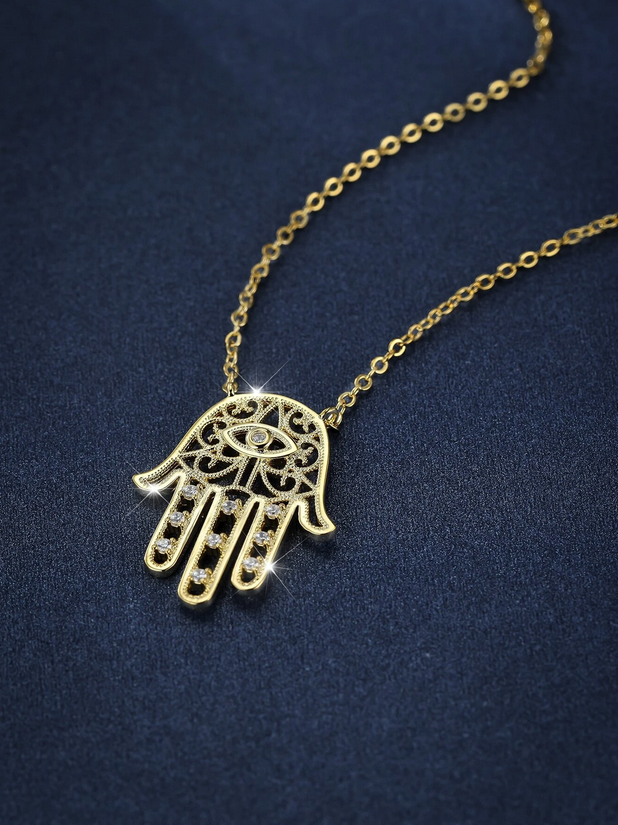 Hamsa Gold Zircon Necklace