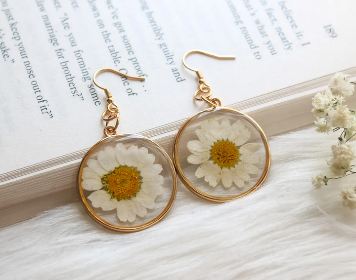 Round Real Daisy Resin Filled Earrings