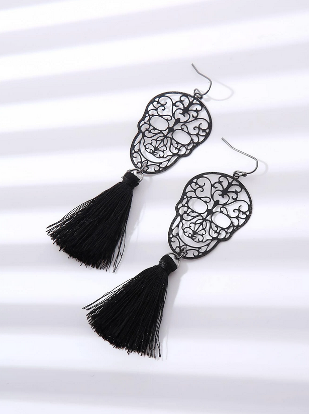 Copper Cutout Skull Tassel Earrings