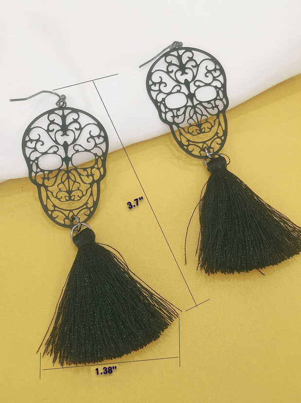 Copper Cutout Skull Tassel Earrings