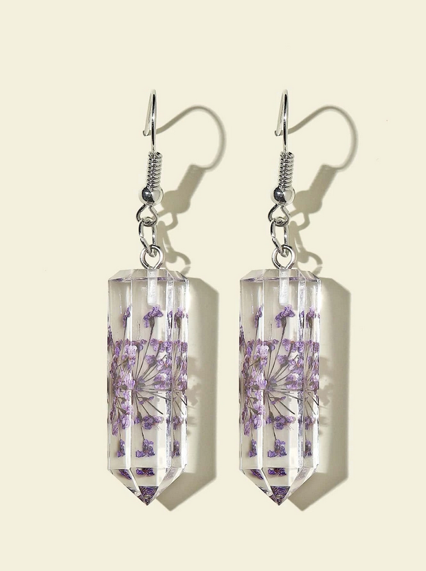 Geo-Shaped Resin Lavender Flower Earrings