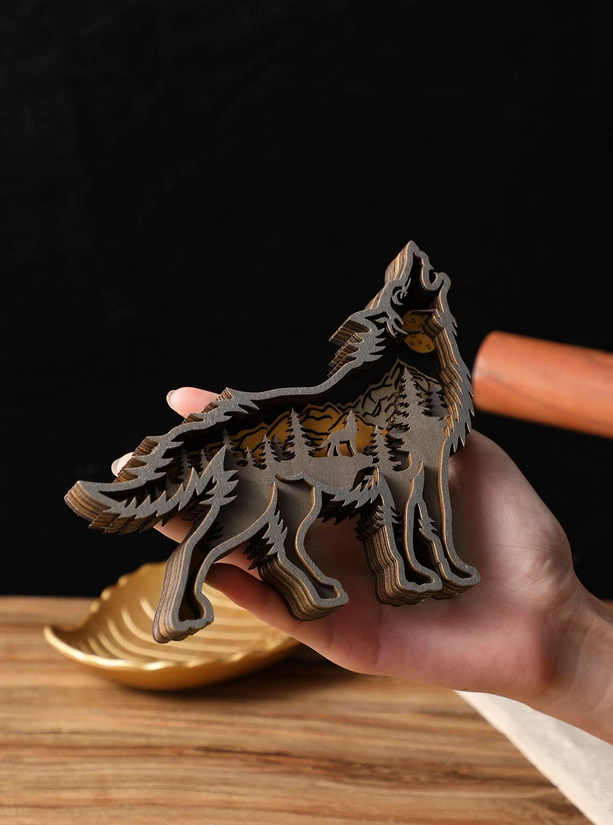 Handmade Layered Wood Scenic Wolf