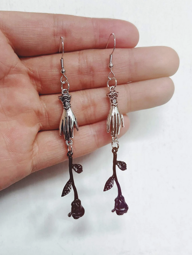 Goth Hand With Black Rose Earrings