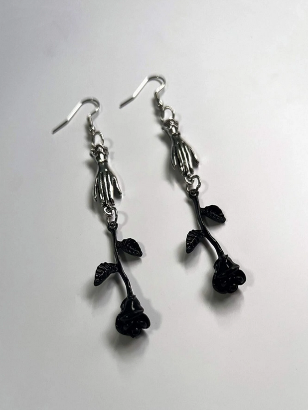 Goth Hand With Black Rose Earrings