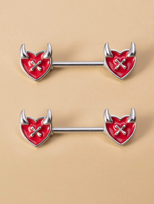 Devilish Red Heart Nipple Bar (Set of 2)