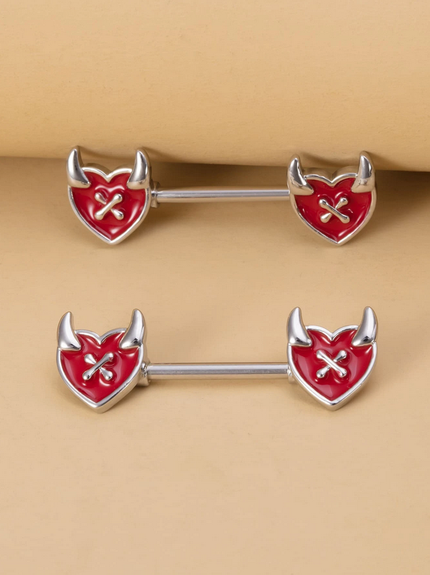 Devilish Red Heart Nipple Bar (Set of 2)