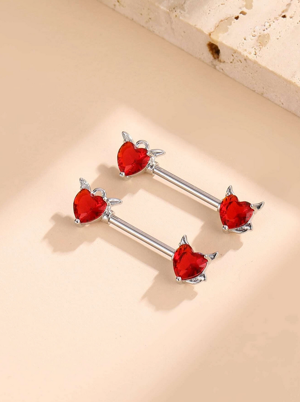 Devilish Red Heart Nipple Bar (Set of 2) With Tail