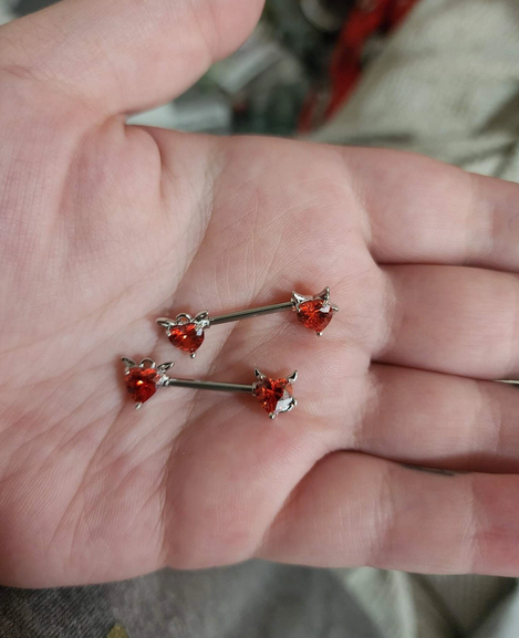 Devilish Red Heart Nipple Bar (Set of 2) With Tail