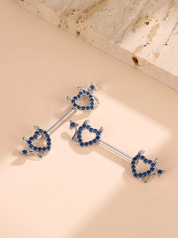 Devilish Blue Rhinestone Heart Nipple Bar (Set of 2) With Tail