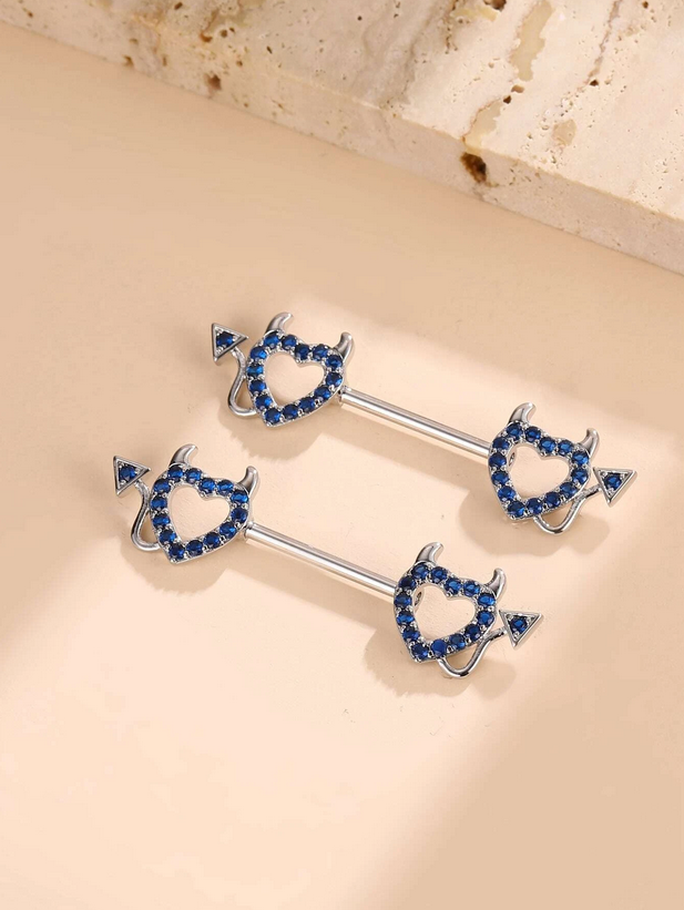 Devilish Blue Rhinestone Heart Nipple Bar (Set of 2) With Tail