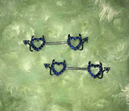 Devilish Blue Rhinestone Heart Nipple Bar (Set of 2) With Tail