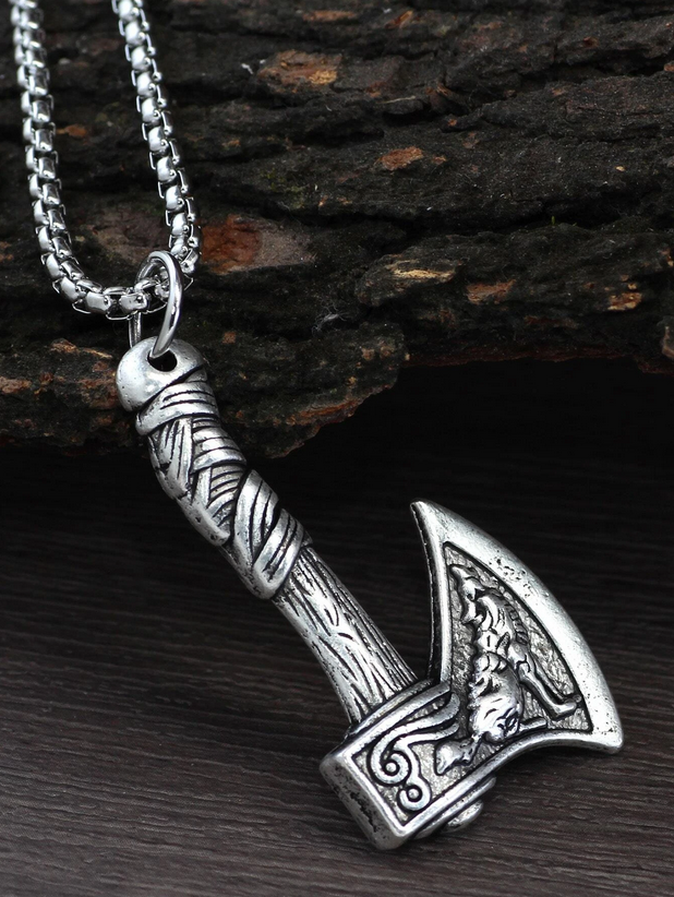 Norse Hatchet Howeling Wolf Necklace