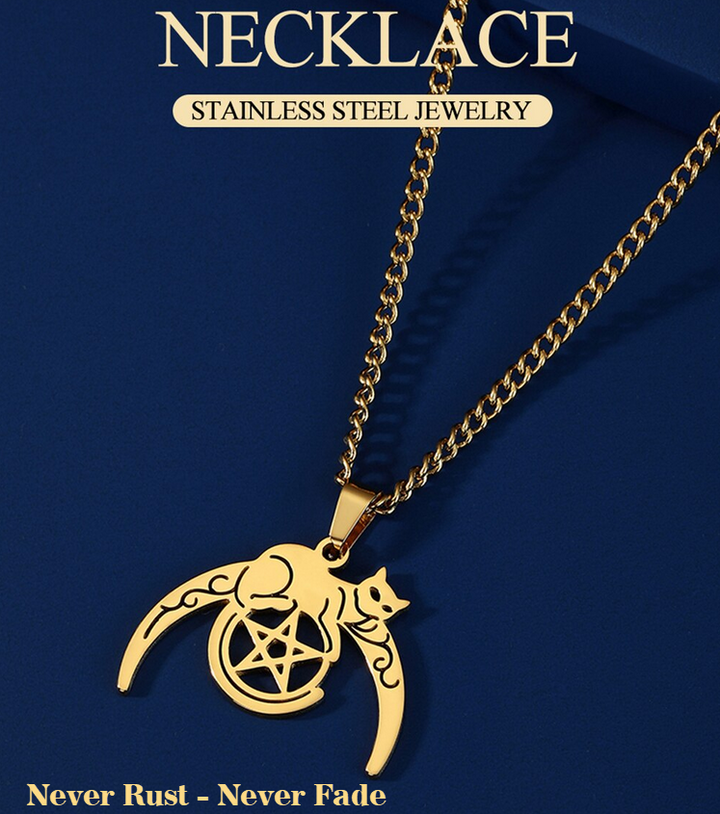Wicca Themed Crescent Moon With Cat and Pentagram
