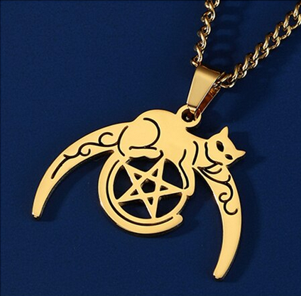 Wicca Themed Crescent Moon With Cat and Pentagram