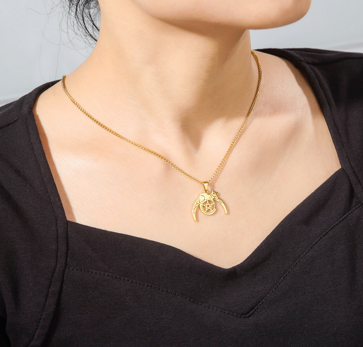 Wicca Themed Crescent Moon With Cat and Pentagram