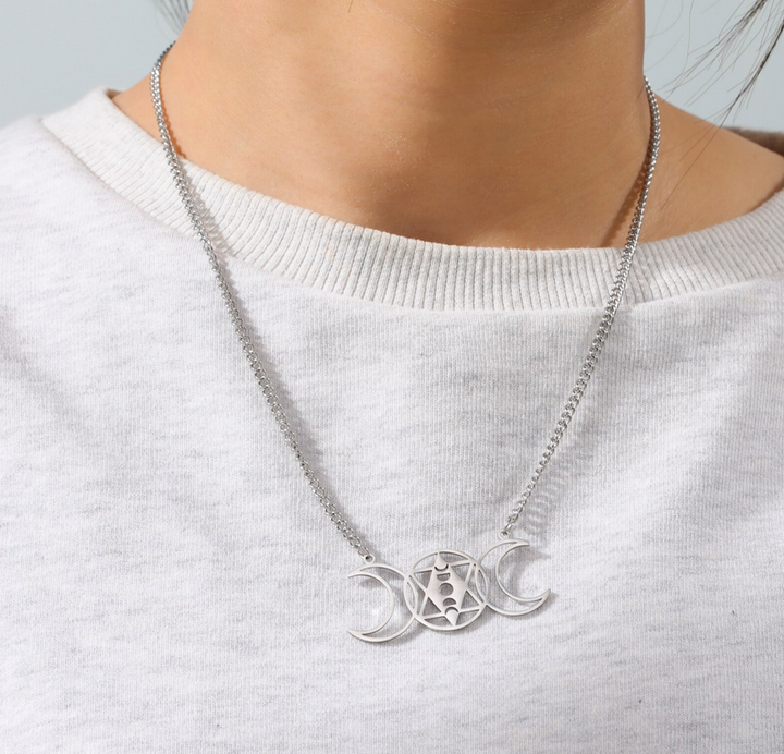 Wiccan Triple Goddess Moon Phase Hexagram Necklace