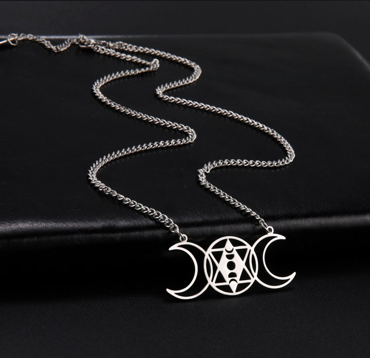 Wiccan Triple Goddess Moon Phase Hexagram Necklace