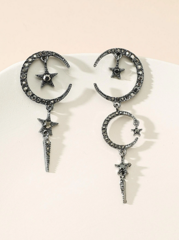 Crescent Moon Star Studded Dangle Earrings