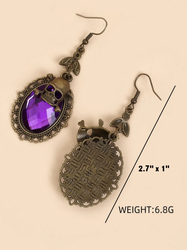 Purple Faux Antique Skull Dangle Earrings