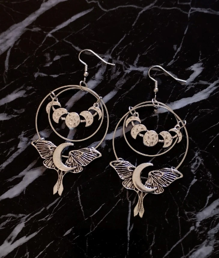 Luna Moth Moon-Phase Tibetan Silver Dual Hoop Earrings