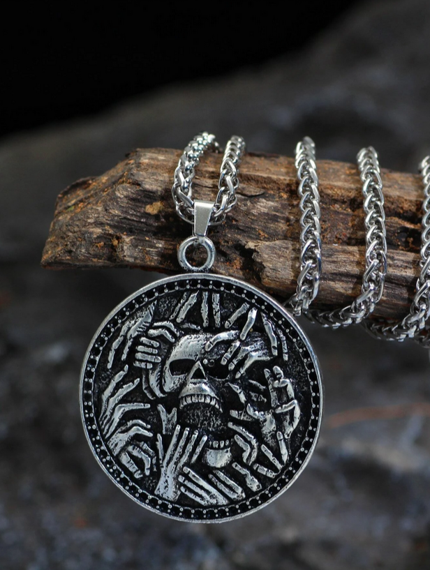 Creepy Hands Grabbing Skull Necklace