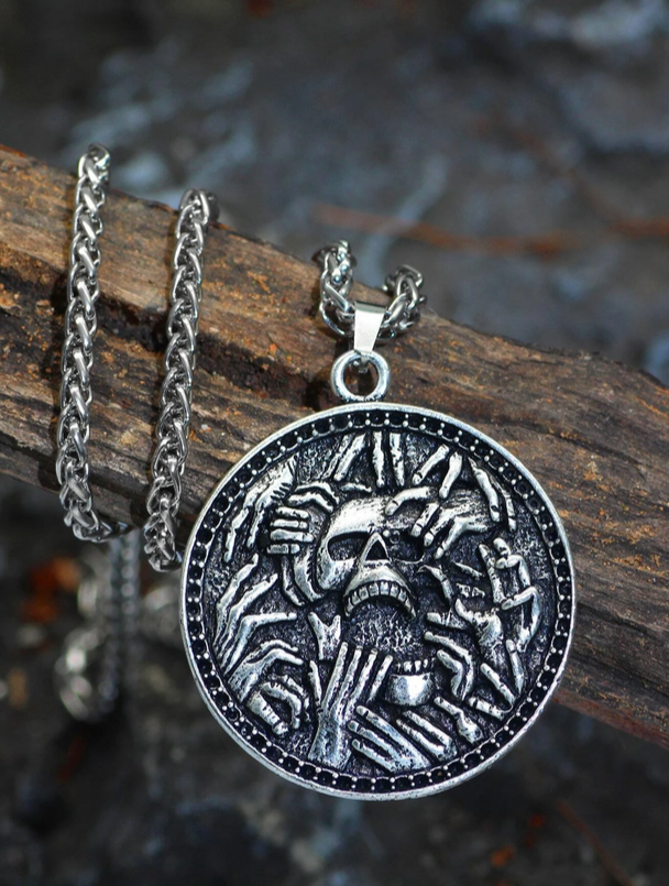 Creepy Hands Grabbing Skull Necklace