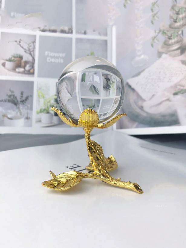 100% Natural Clear Crystal Ball W/ Gold Leaf Stand