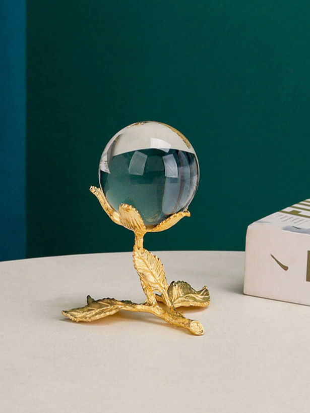 100% Natural Clear Crystal Ball W/ Gold Leaf Stand
