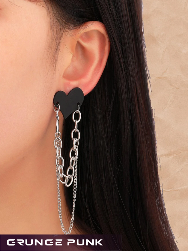 Grunge Punk Black Heart & Chain Drop Earrings