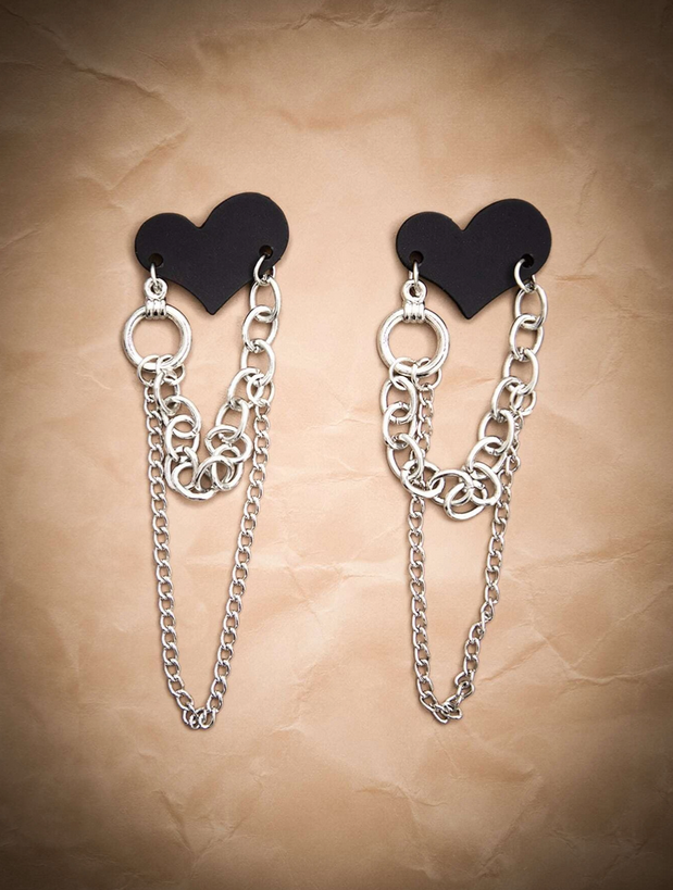 Grunge Punk Black Heart & Chain Drop Earrings