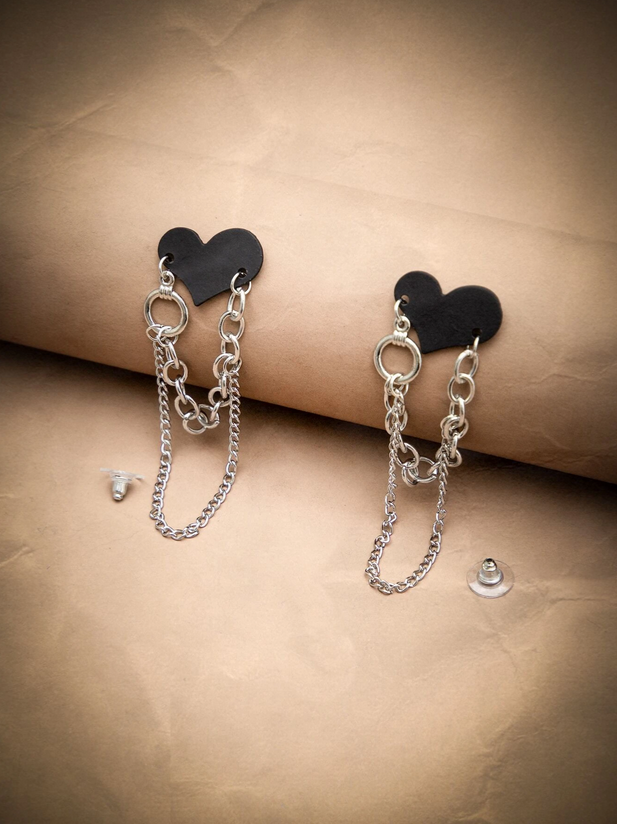 Grunge Punk Black Heart & Chain Drop Earrings