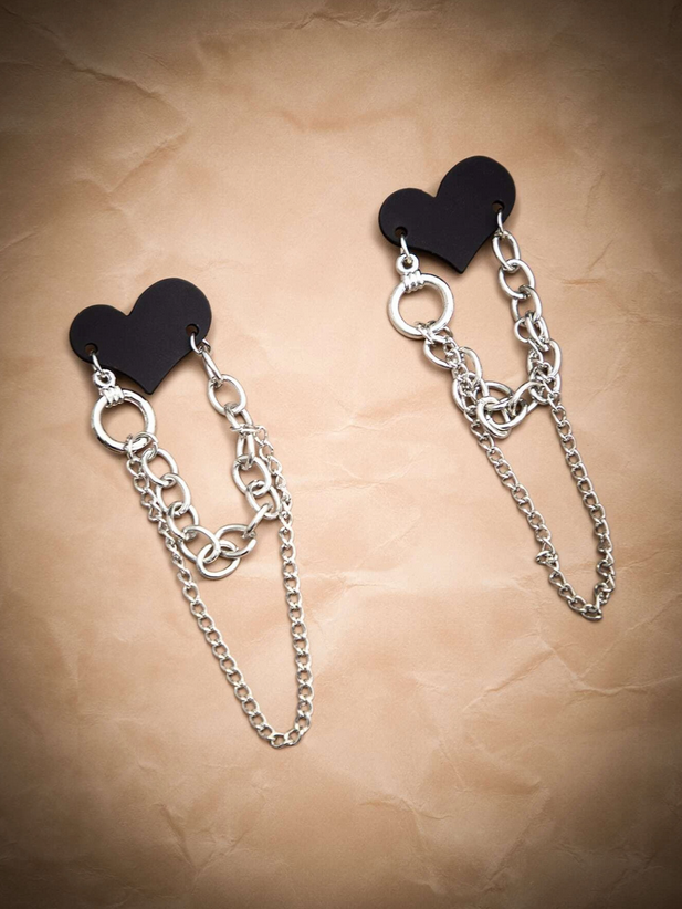Grunge Punk Black Heart & Chain Drop Earrings