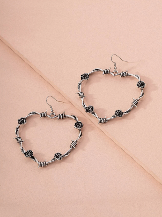 Heart Shaped Barb Wire Rose Earrings (Silver)