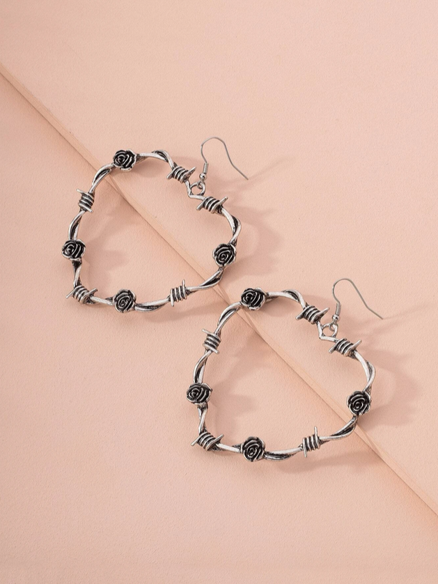 Heart Shaped Barb Wire Rose Earrings (Silver)