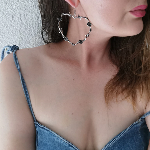 Heart Shaped Barb Wire Rose Earrings (Silver)
