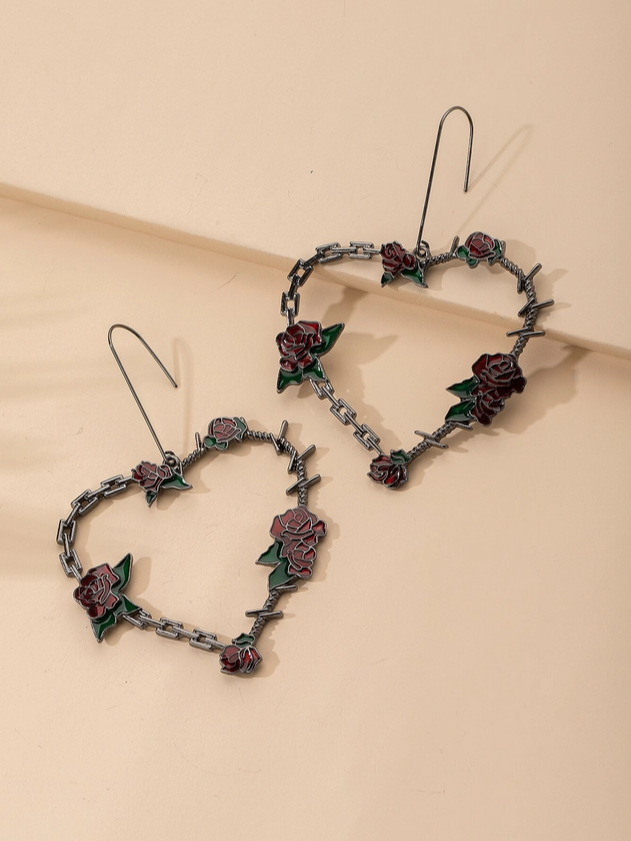 Heart Shaped Barb Wire Rose Earrings (Black)