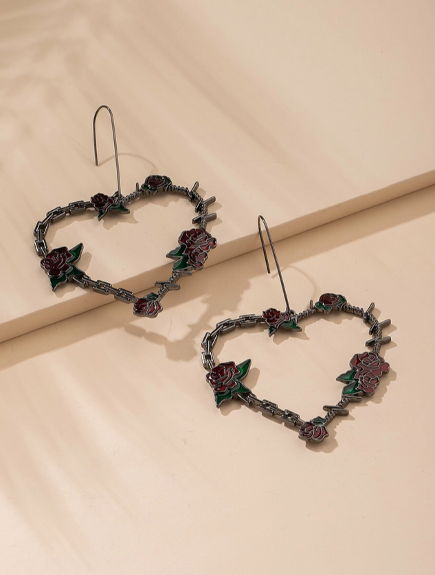 Heart Shaped Barb Wire Rose Earrings (Black)
