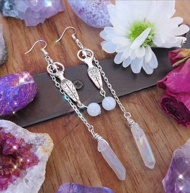Moonstone & Angel Aura Quartz Wire Wrapped Earrings - Reiki Energy