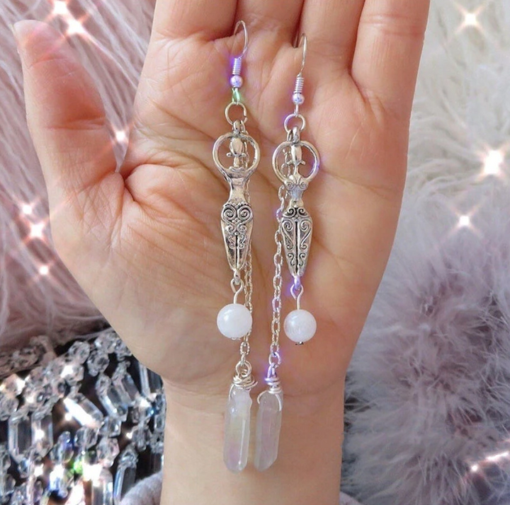 Moonstone & Angel Aura Quartz Wire Wrapped Earrings - Reiki Energy